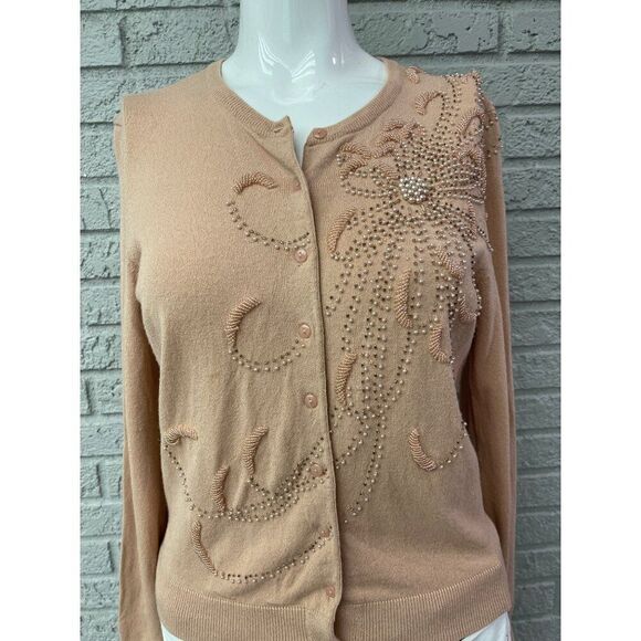 Anne Klein Sweaters - Anne Klein Women Nude Long Sleeve Faux Pearl Beaded Sweater Size PL